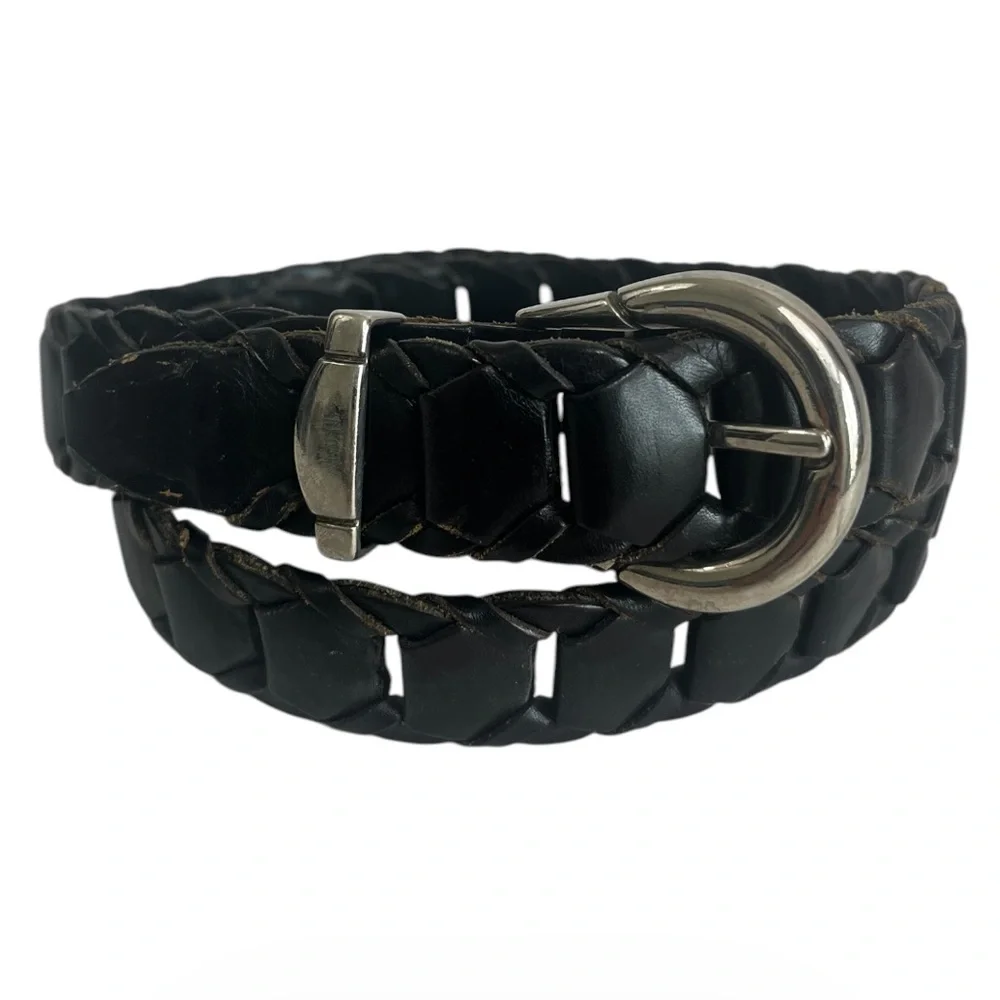 Woven Brown Leather Belt, Size 34, Silver Buckle